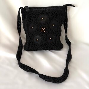 Vintage black macrame leather crossbody purse boho indie